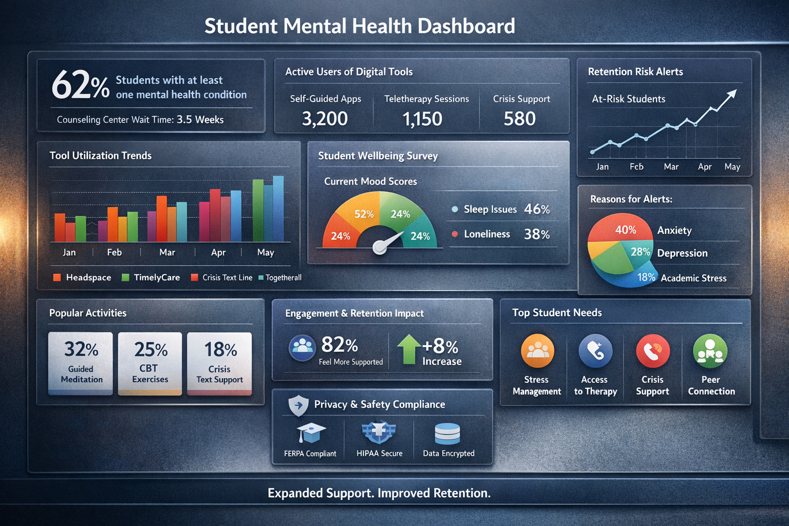 Campus mental health dashboard showing integrated digital mental health tools analytics Administrative dashboard displaying digital mental health tools data and student wellbeing insights