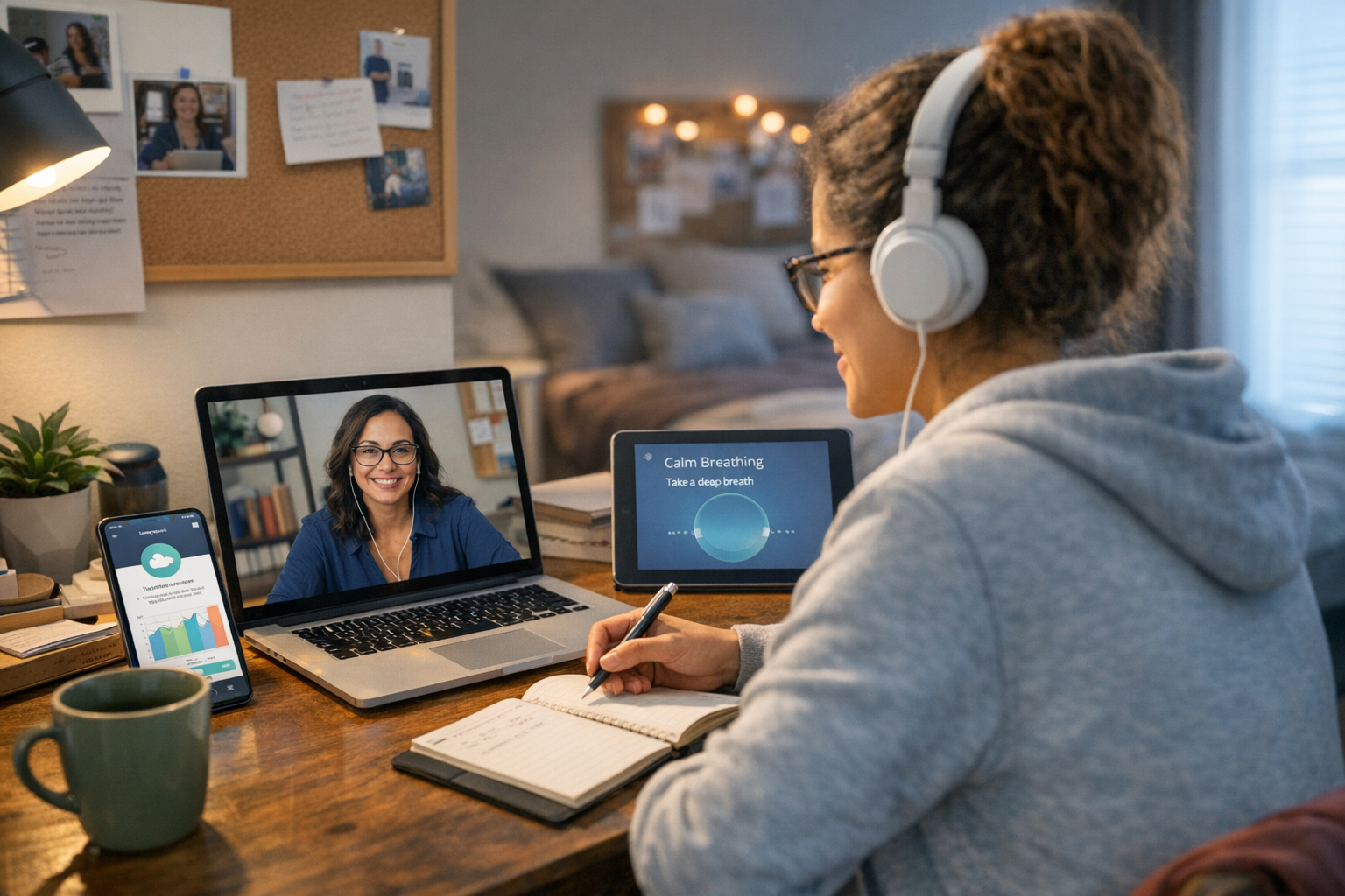 College student participating in teletherapy session through digital mental health platform Student engaging with licensed therapist through digital mental health tools teletherapy platform