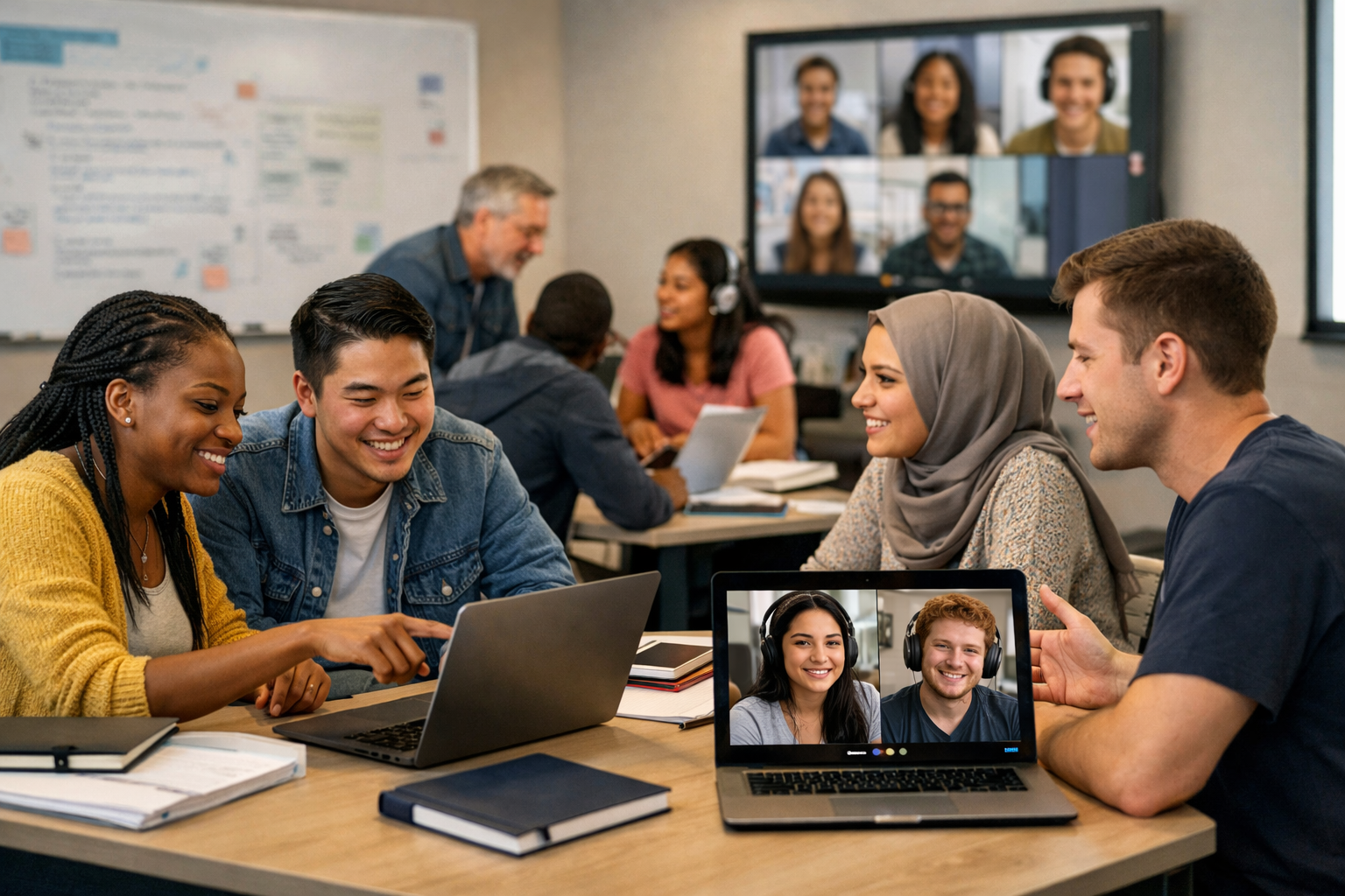 Diverse students engaging in hybrid learning through persistent small-group collaboration