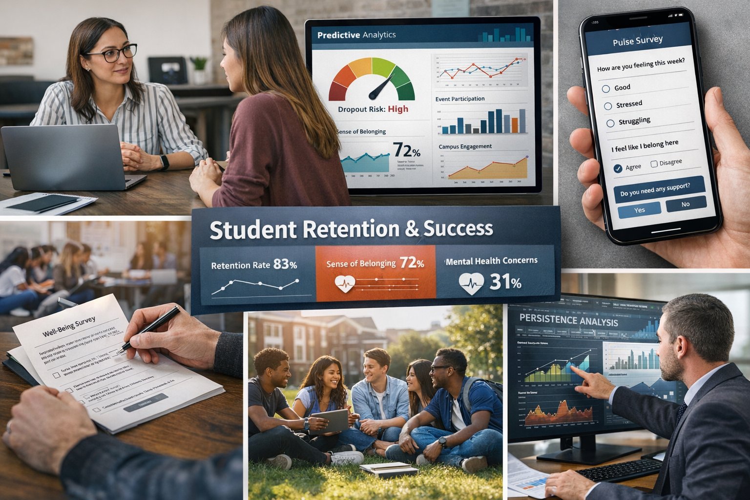 University students collaborating on campus demonstrating student success metrics beyond traditional grades