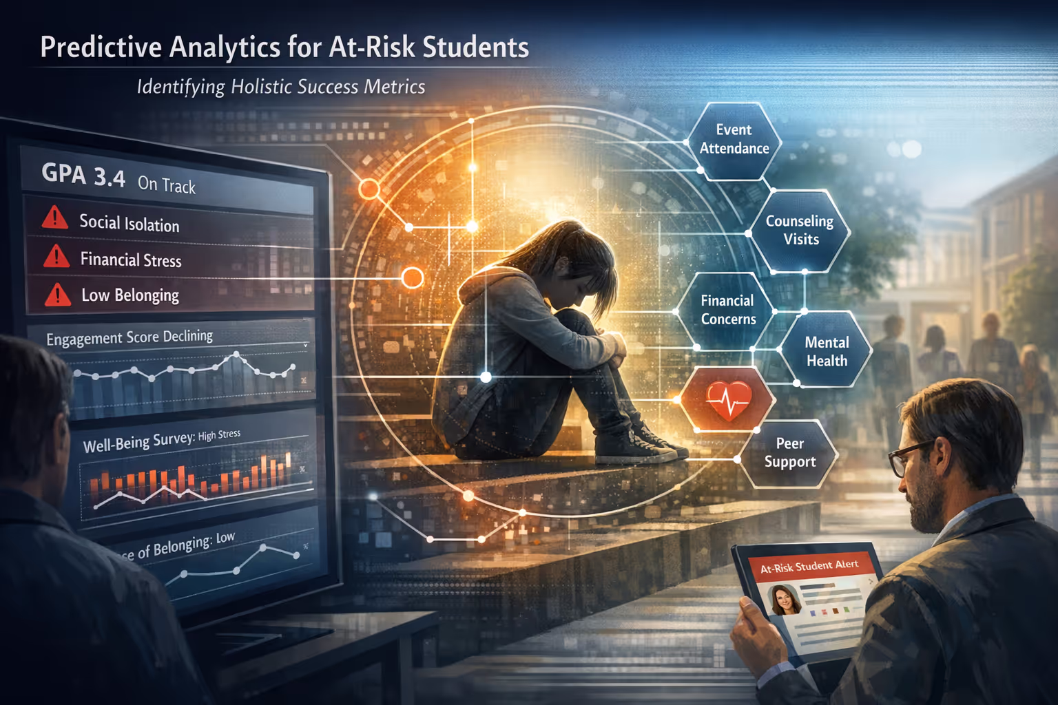 Visual representation of predictive analytics identifying at-risk students using holistic success metrics