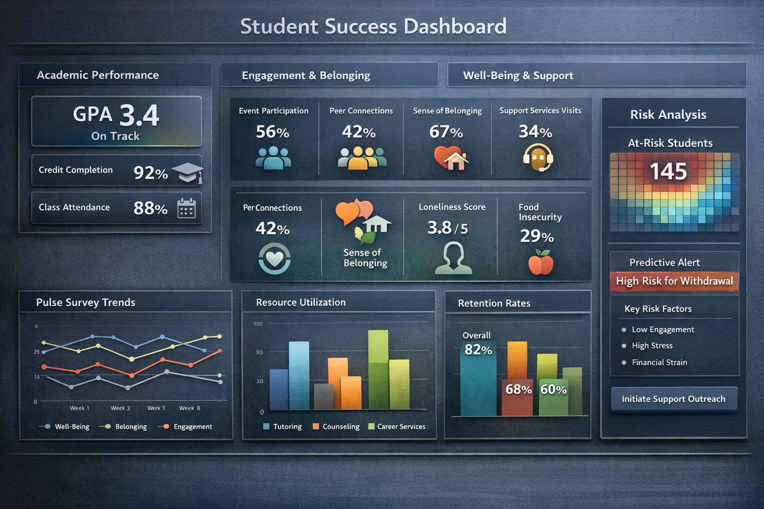Dashboard displaying comprehensive student success metrics including engagement, well-being, and academic indicators