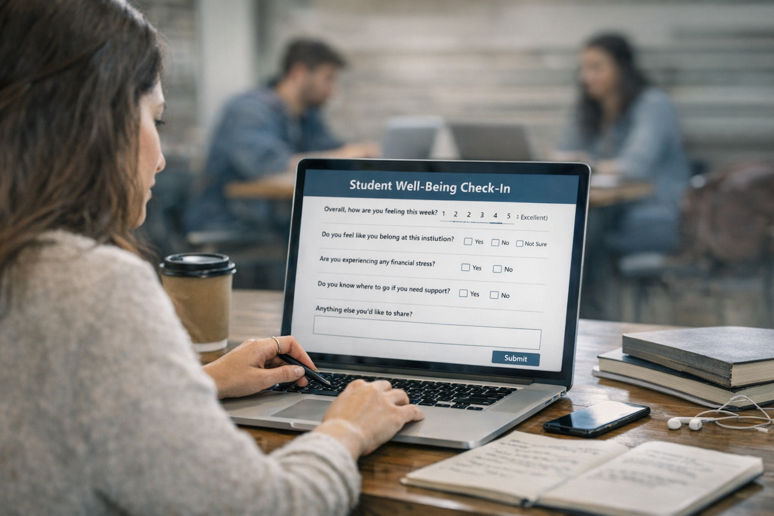 Student completing pulse survey measuring well-being as part of comprehensive success metrics