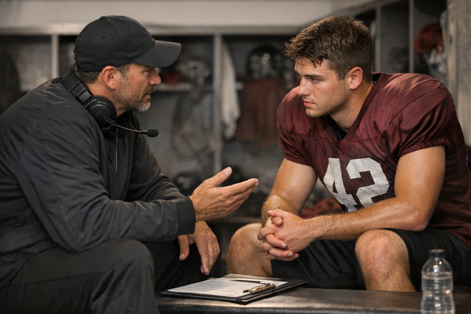Athletic coach having supportive conversation about college athlete mental health