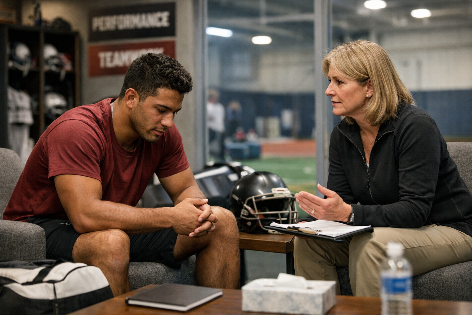 College athlete mental health counseling session with sports psychologist in athletic facility