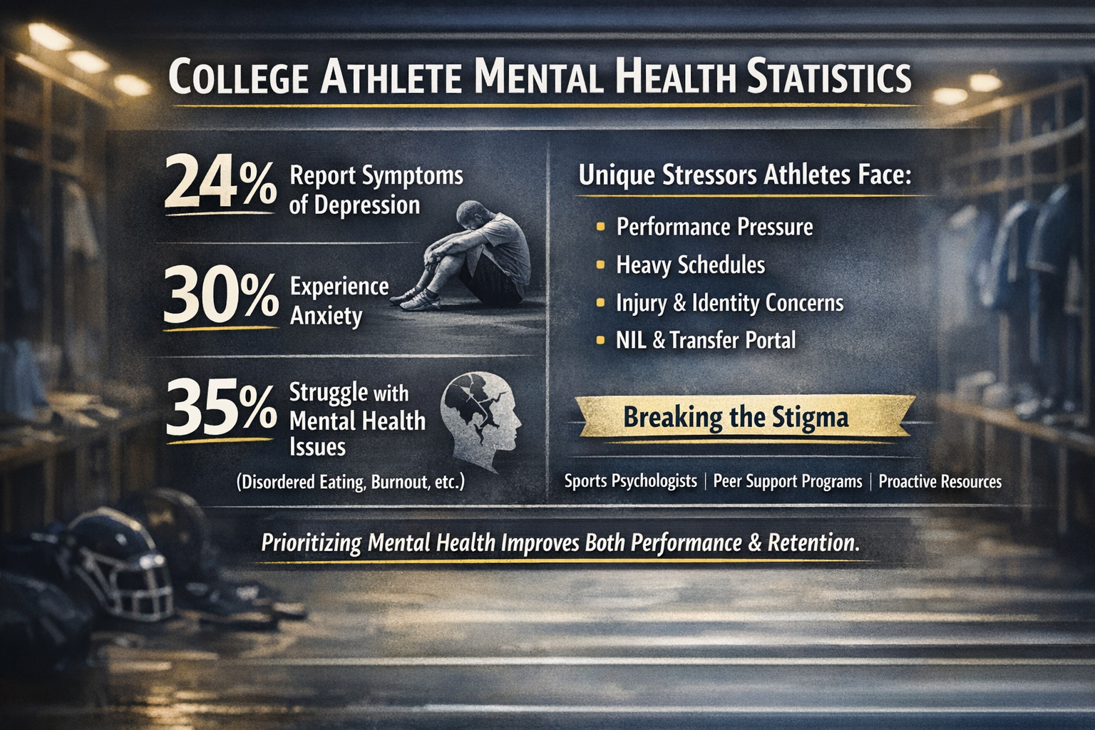 Chart showing college athlete mental health statistics including depression and anxiety rates