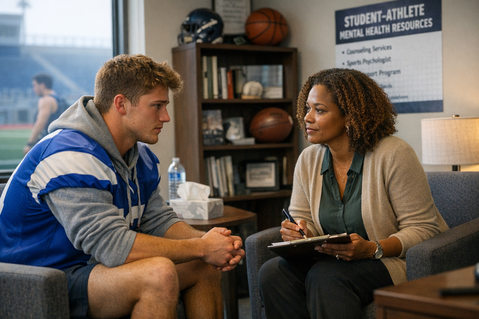 College athlete mental health support with student receiving counseling on campus