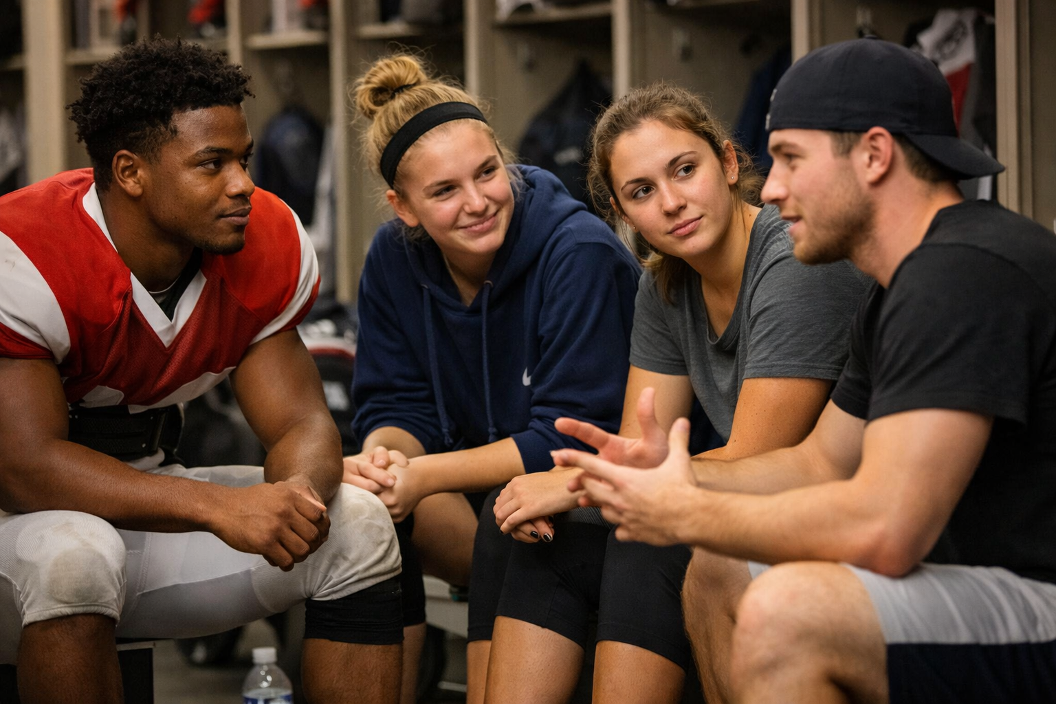 College athlete mental health peer mentorship program with teammates talking