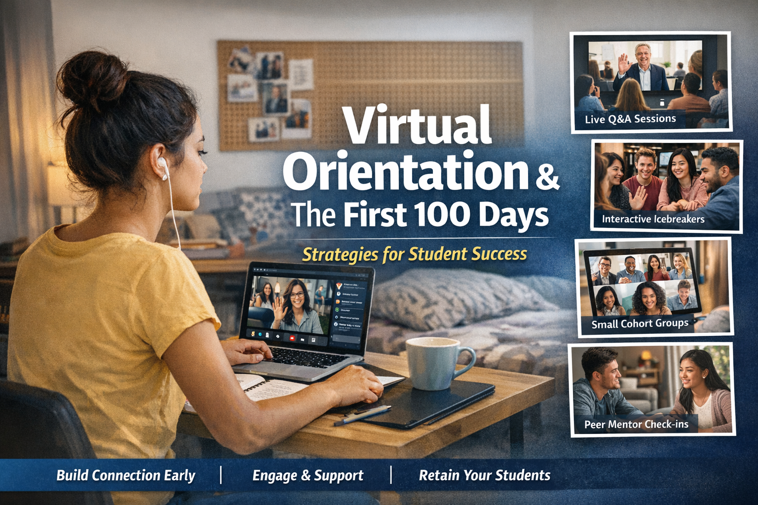 Timeline showing virtual orientation extending beyond orientation week into first semester touchpoints