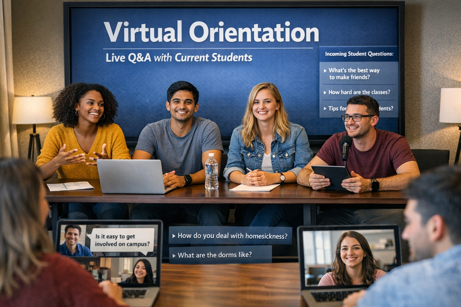Virtual orientation live Q&A session with current student panel answering incoming student questions