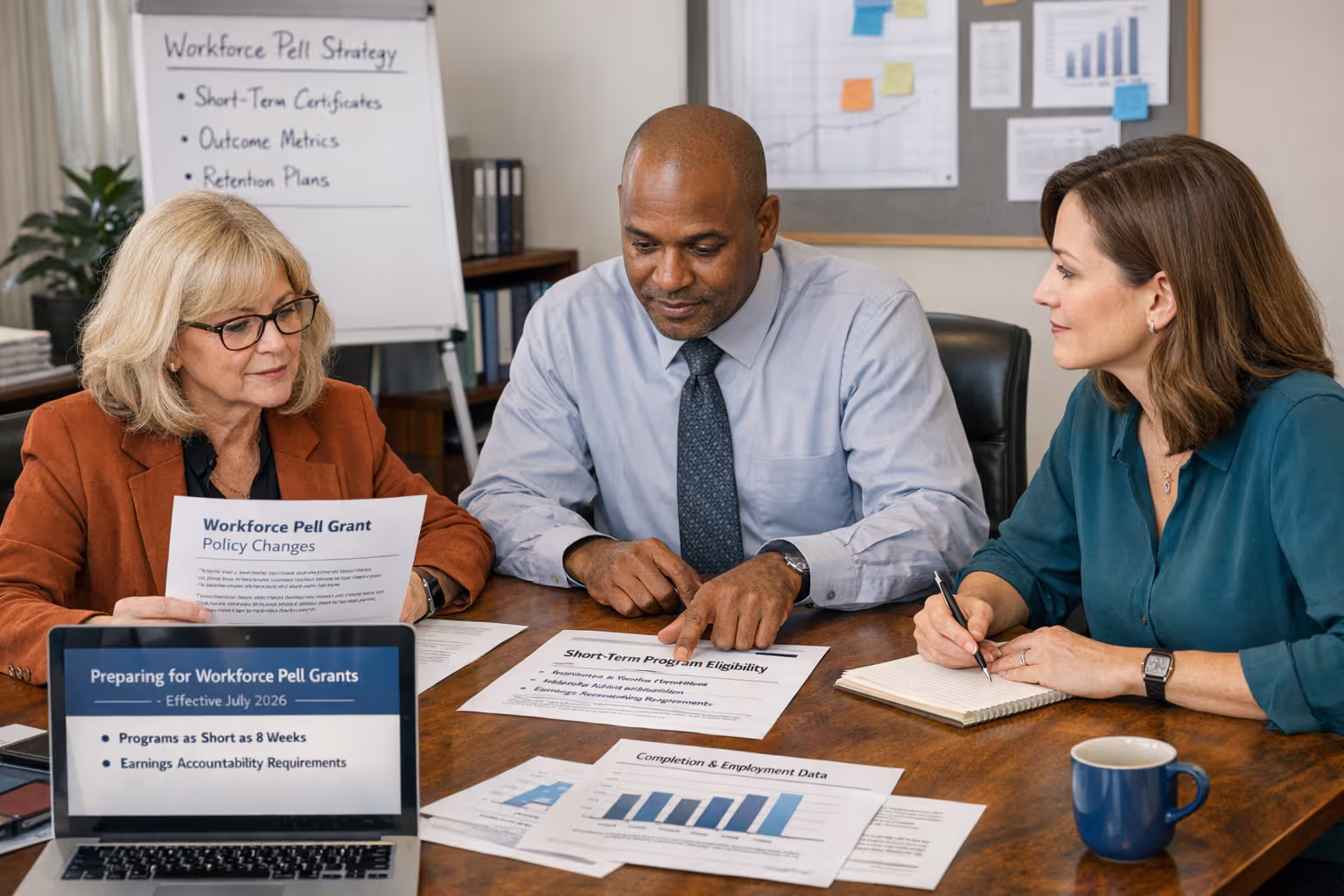 Campus administrators reviewing workforce pell grants policy documents for short-term student programs
