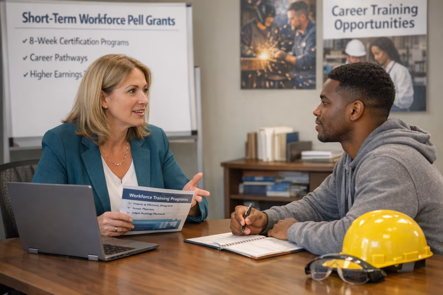 Student Success Strategies for Workforce Pell Grant Programs Campus advisor meeting with student enrolled in short-term workforce pell grants credential program
