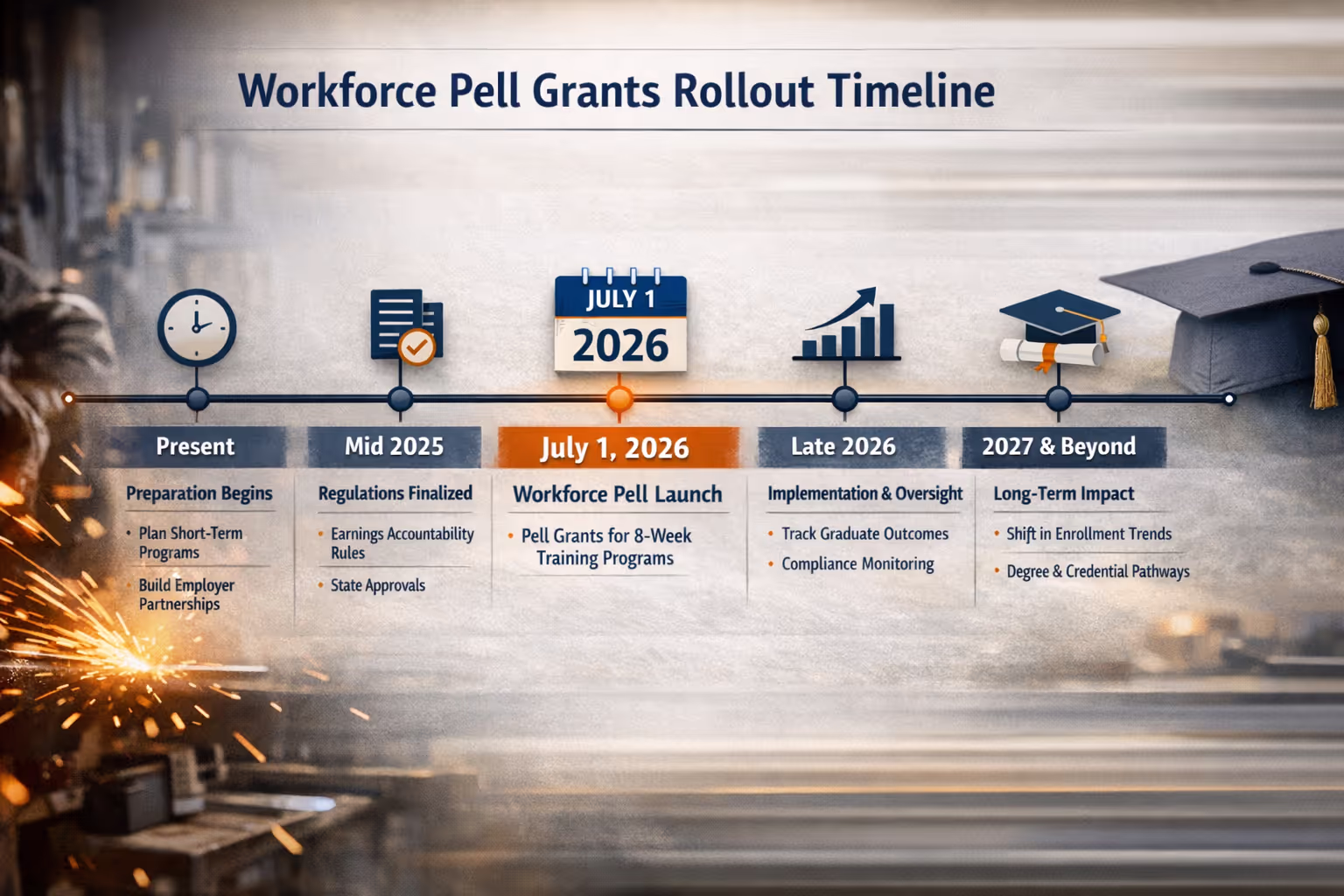 Workforce Pell Grants Eligibility Timeline for 2026 Implementation Timeline showing workforce pell grants eligibility rollout for short-term training programs