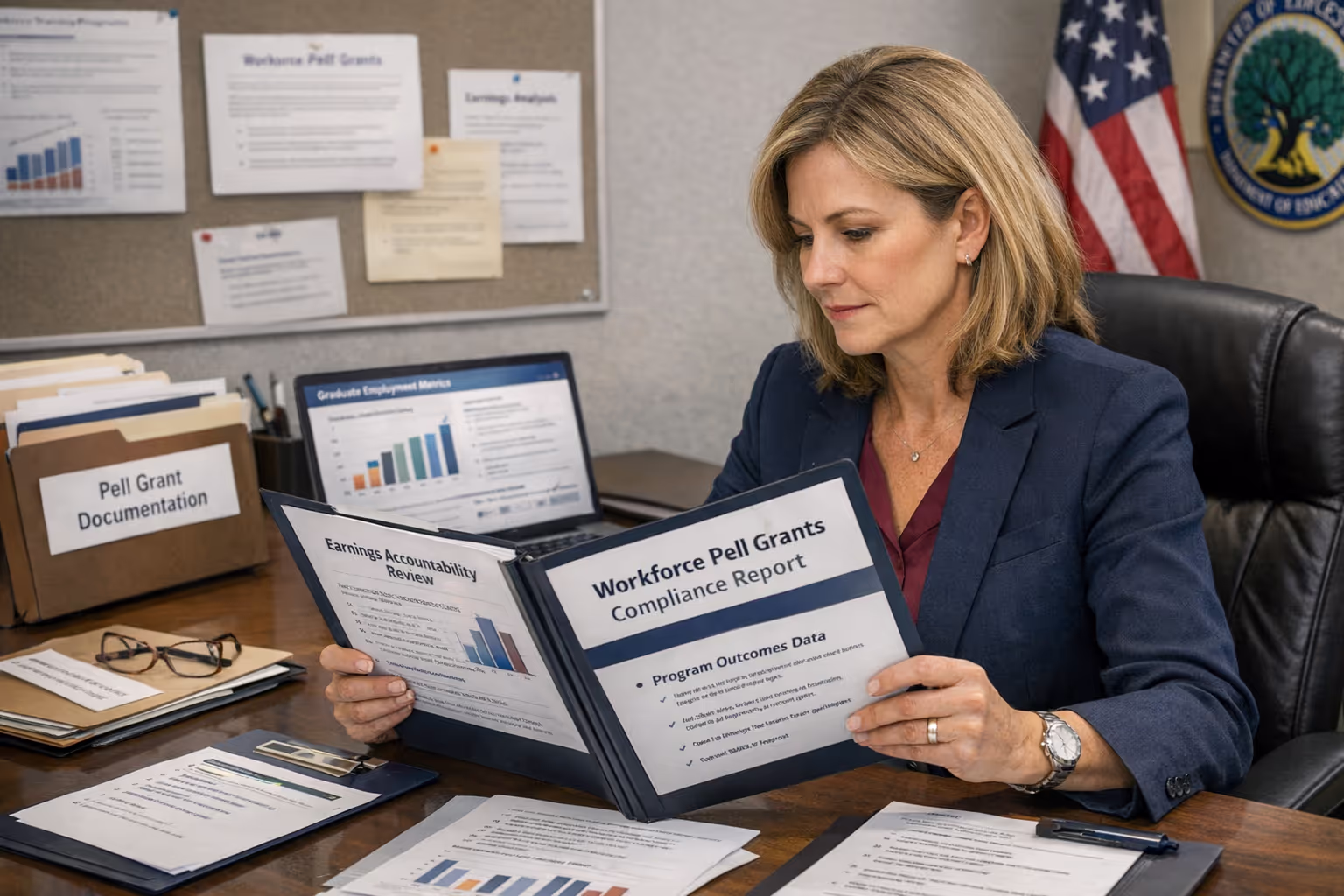 Workforce Training Programs Meeting Pell Grant Compliance Requirements Administrator reviewing workforce pell grants earnings accountability and compliance documentation