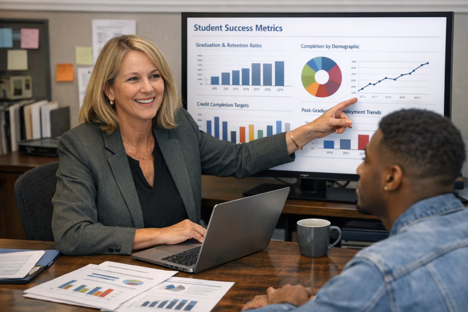Academic Advisor Meeting with Student for Retention Support Academic advisor using outcome-based funding data to support student retention and success