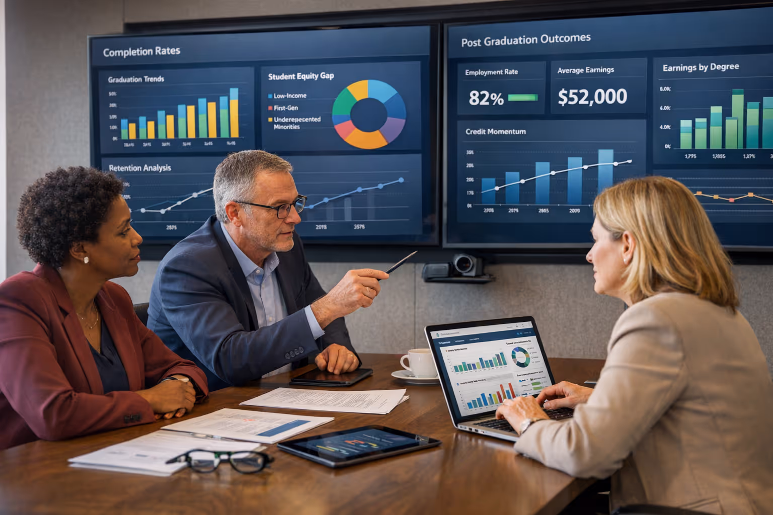 College administrators reviewing outcome-based funding metrics and student success data on digital dashboards