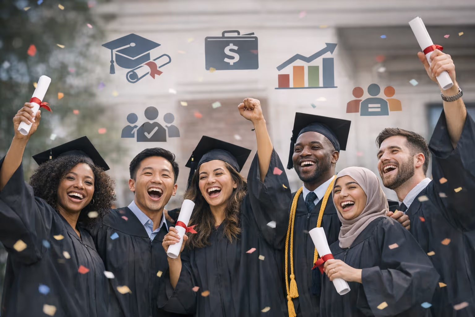 College Students at Graduation Ceremony Representing Completion Outcomes Diverse college students celebrating graduation representing outcome-based funding completion metrics