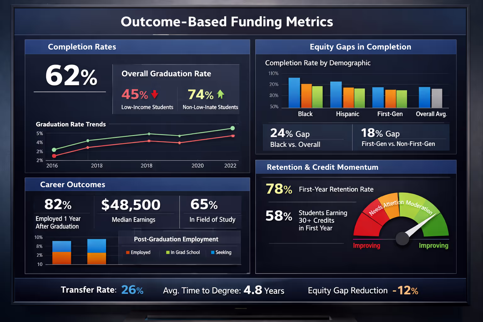 Student Success Dashboard Displaying Outcome-Based Funding Metrics Digital dashboard showing outcome-based funding metrics including completion rates and equity gaps