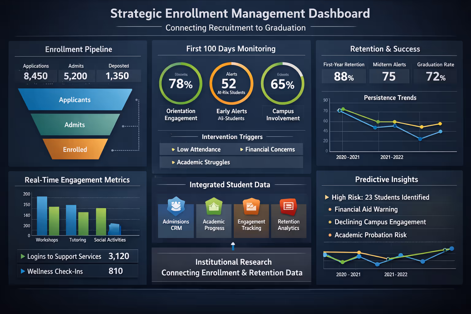 Strategic enrollment management dashboard showing integrated enrollment and retention metrics