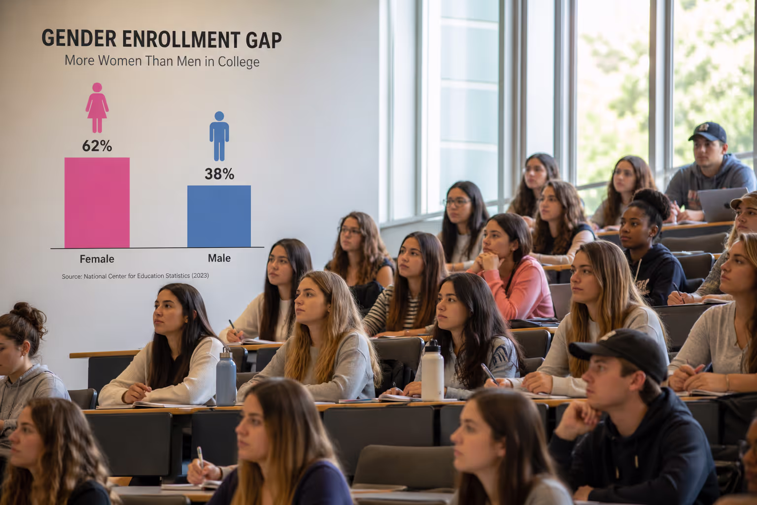 College classroom showing gender enrollment gap with fewer male students than female students