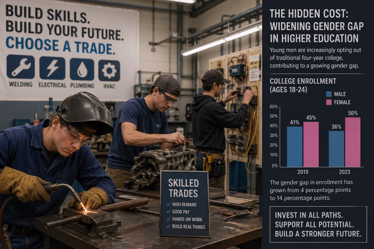 Young men learning skilled trades as alternative to traditional college contributing to gender gap