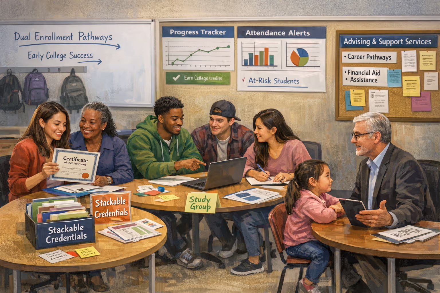 Community college students collaborating in classroom demonstrating effective retention strategies for two-year institutions