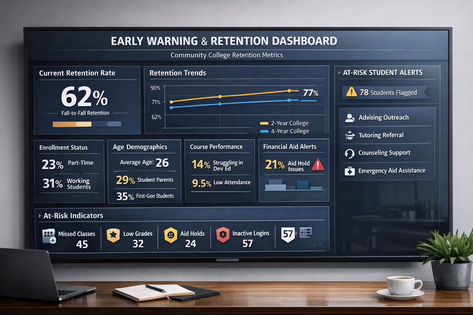Early Warning Systems for Community College Retention Monitoring Early warning system dashboard showing community college retention metrics and at-risk student alerts