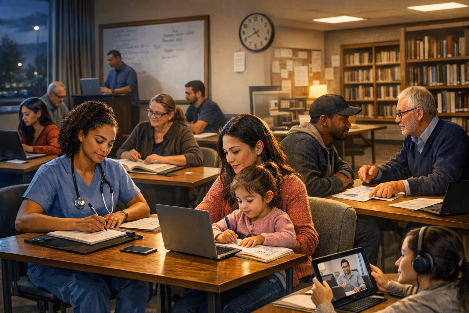 Community College Retention Through Flexible Scheduling Options Community college students attending evening classes demonstrating flexible scheduling retention strategies