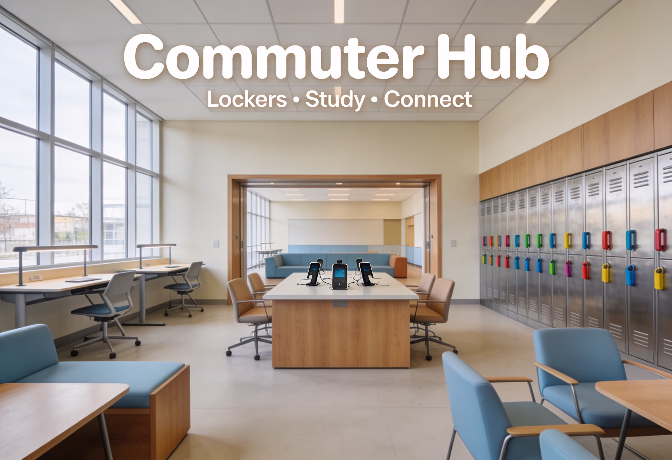 Dedicated Study Space for Commuter Student Engagement Campus lounge designed for commuter student engagement with lockers and study areas