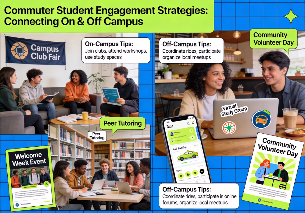 Commuter student engagement strategies showing students connecting both on and off campus