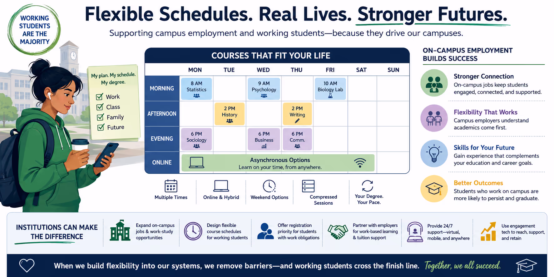 Flexible Course Schedule Options for Working Students Visual representation of flexible course scheduling supporting campus employment and working students