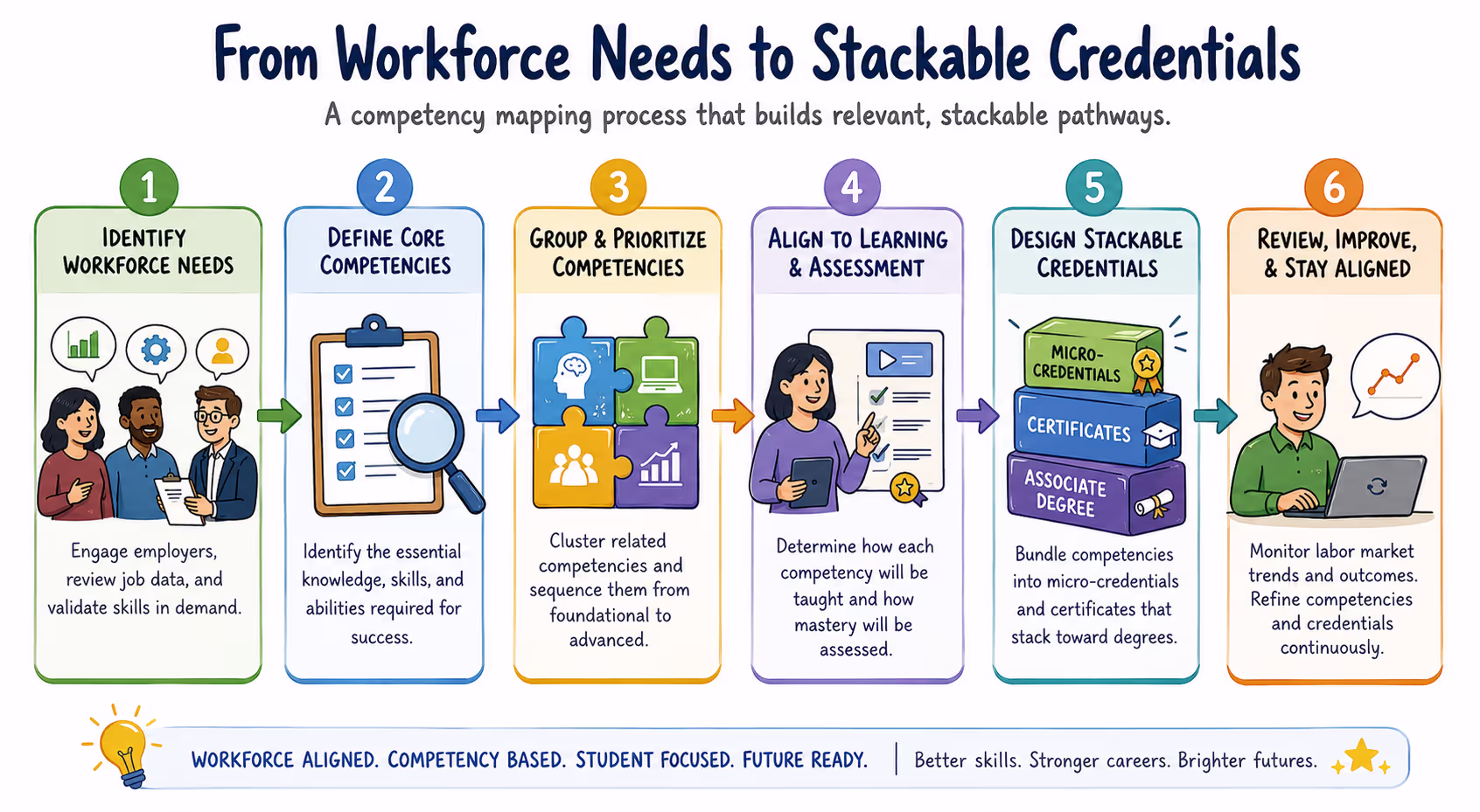 Diagram showing competency mapping process for designing stackable credentials aligned with workforce needs