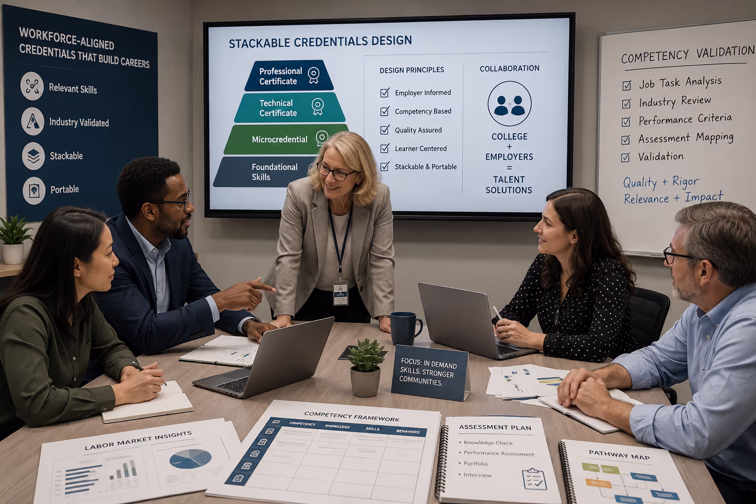 College administrators and employers collaborating on stackable credentials design and competency validation