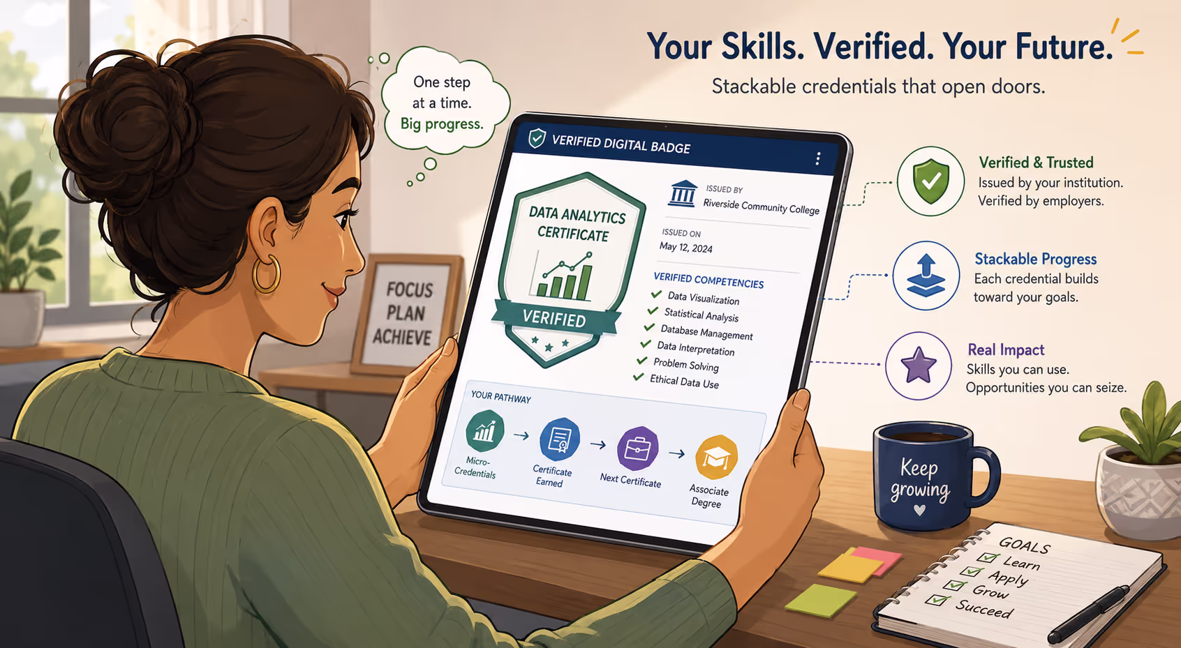 Adult learner reviewing stackable credential digital badge displaying verified competencies and achievements