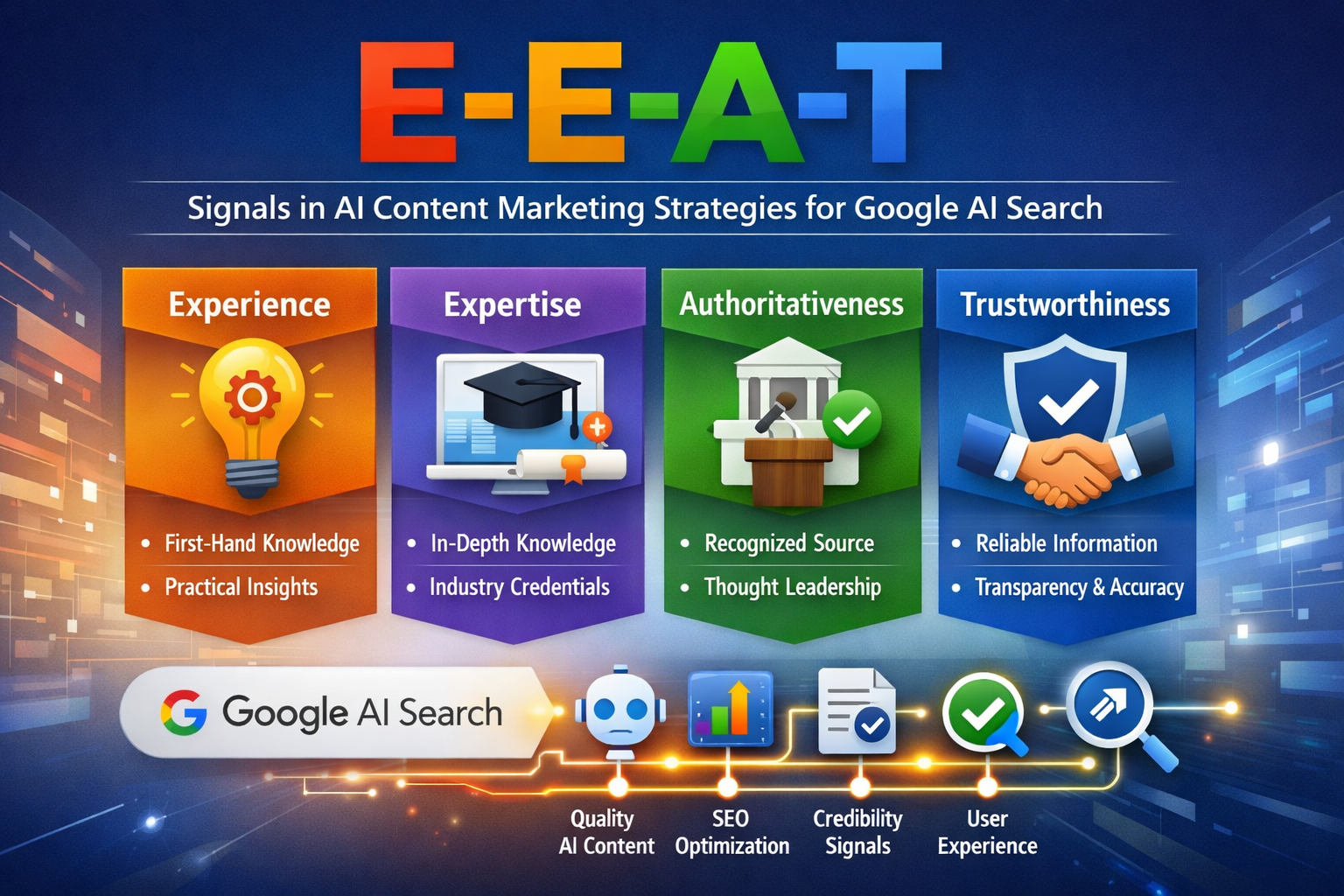 Visual representation of E-E-A-T signals in ai content marketing strategies for Google AI search