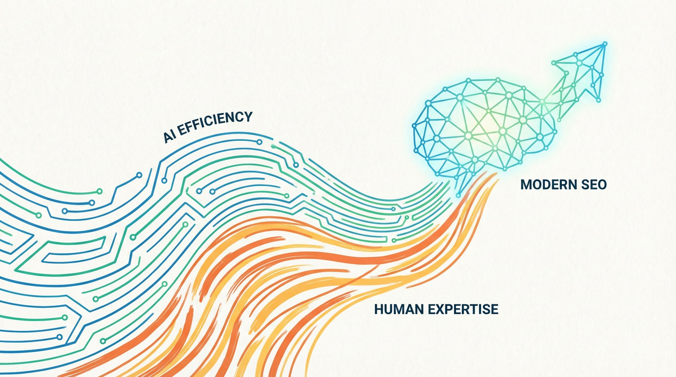 AI content marketing strategies showing the hybrid approach combining artificial intelligence efficiency with human expertise for modern SEO