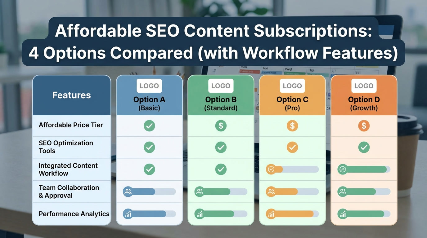 Comparison chart showing subscription based SEO services with workflow features and pricing