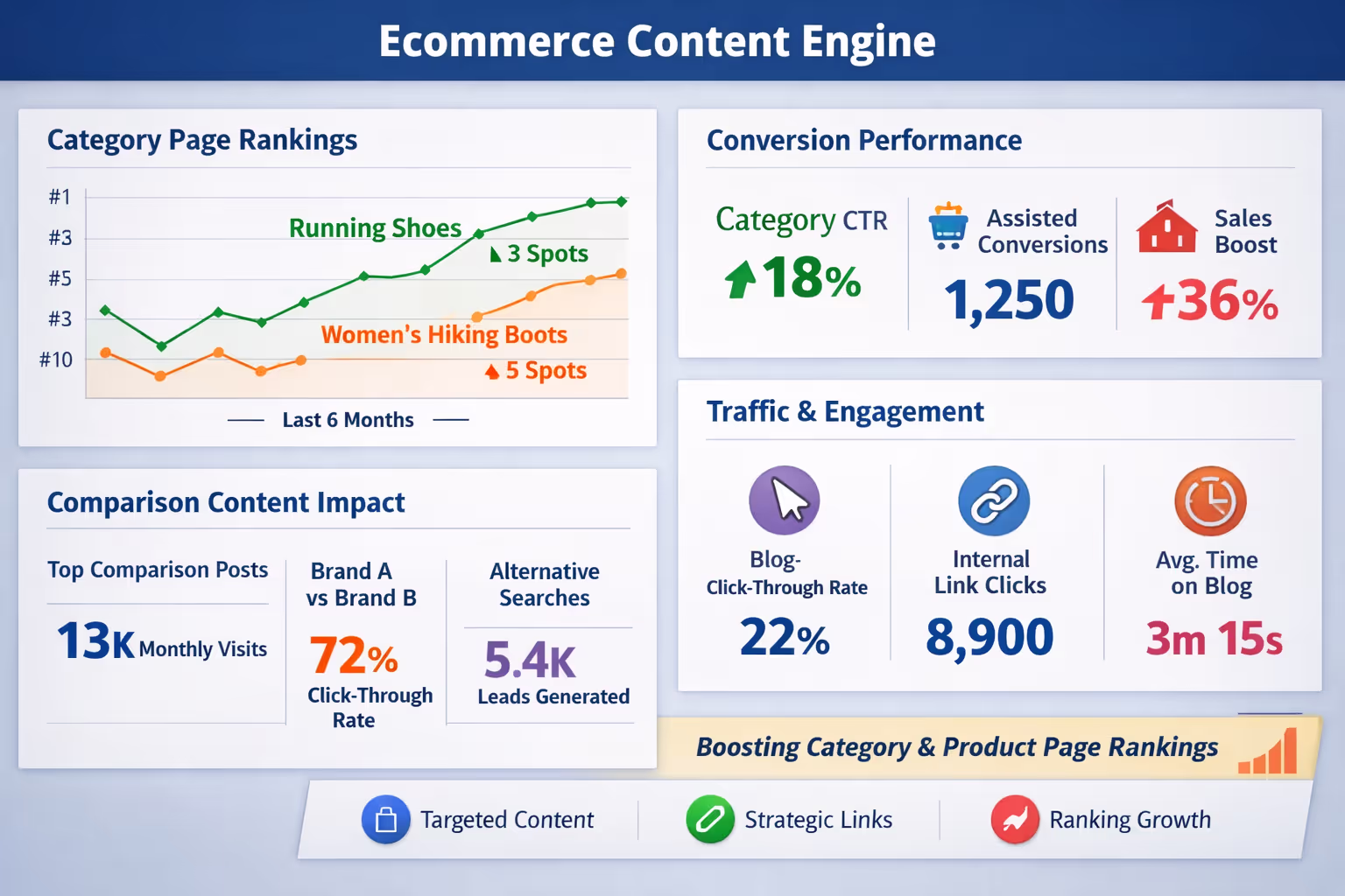 Dashboard showing ecommerce content engine metrics including category page rankings and conversions