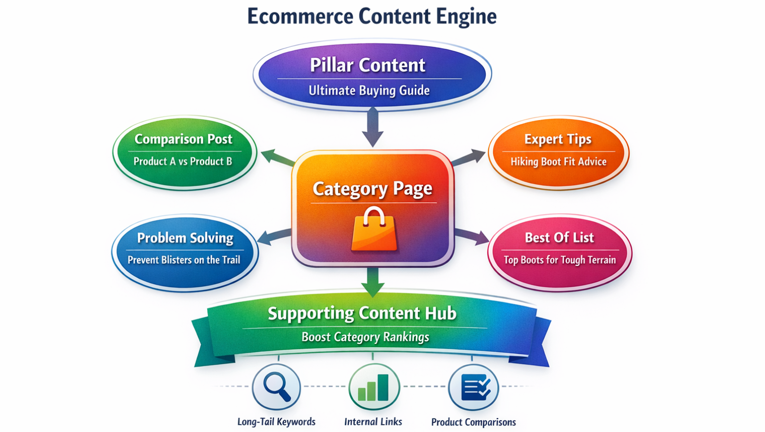 Ecommerce content engine cluster showing pillar content and supporting posts linked to category