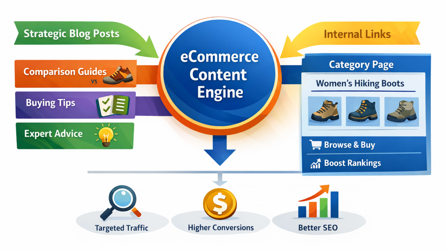 Visual diagram showing how ecommerce content engine blog posts map to category pages