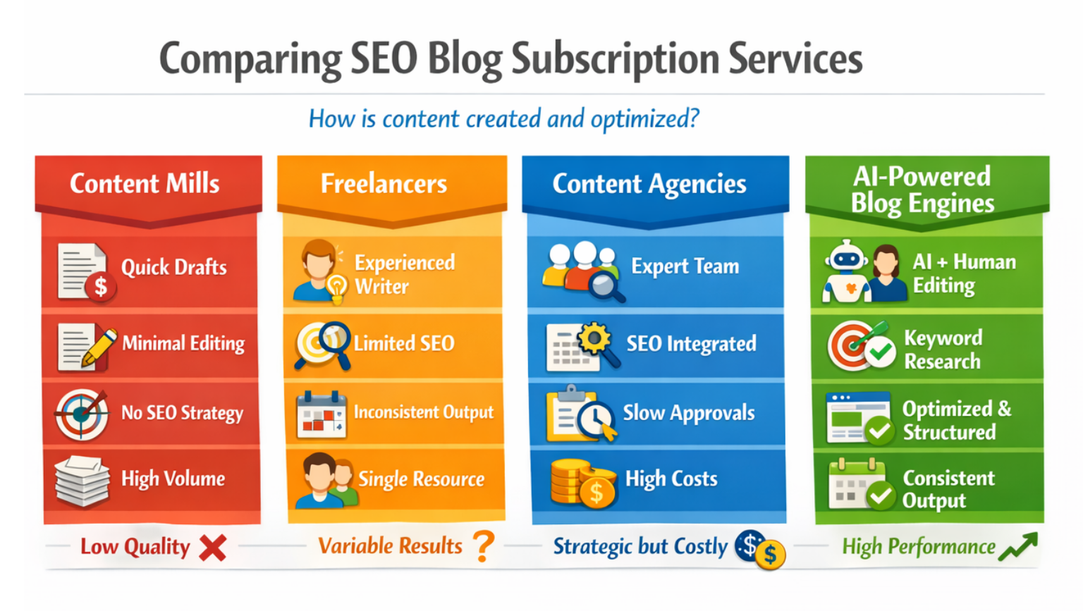 Workflow diagram comparing production processes across various SEO blog subscription services