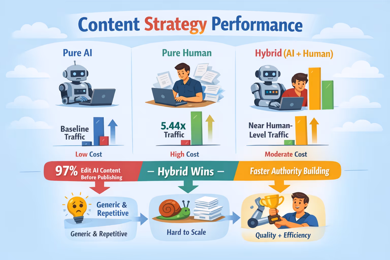 Performance data comparing pure AI content, pure human content, and hybrid content strategy approaches