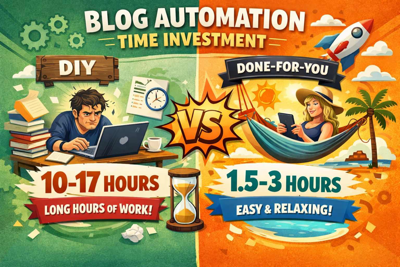 Visual workflow showing done-for-you blog automation process from briefing through approval and publishing