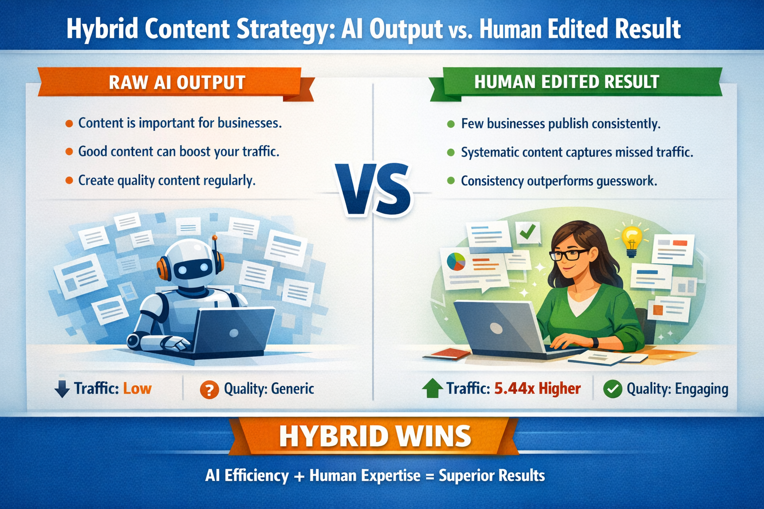 Side-by-side comparison showing raw AI output and human-edited hybrid content strategy result