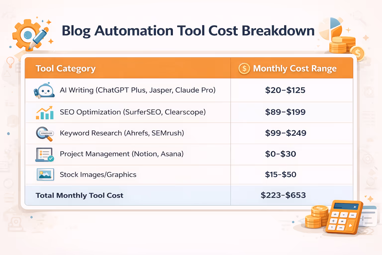 Cost breakdown table showing blog automation tools including AI writing, SEO optimization, and keyword research platforms