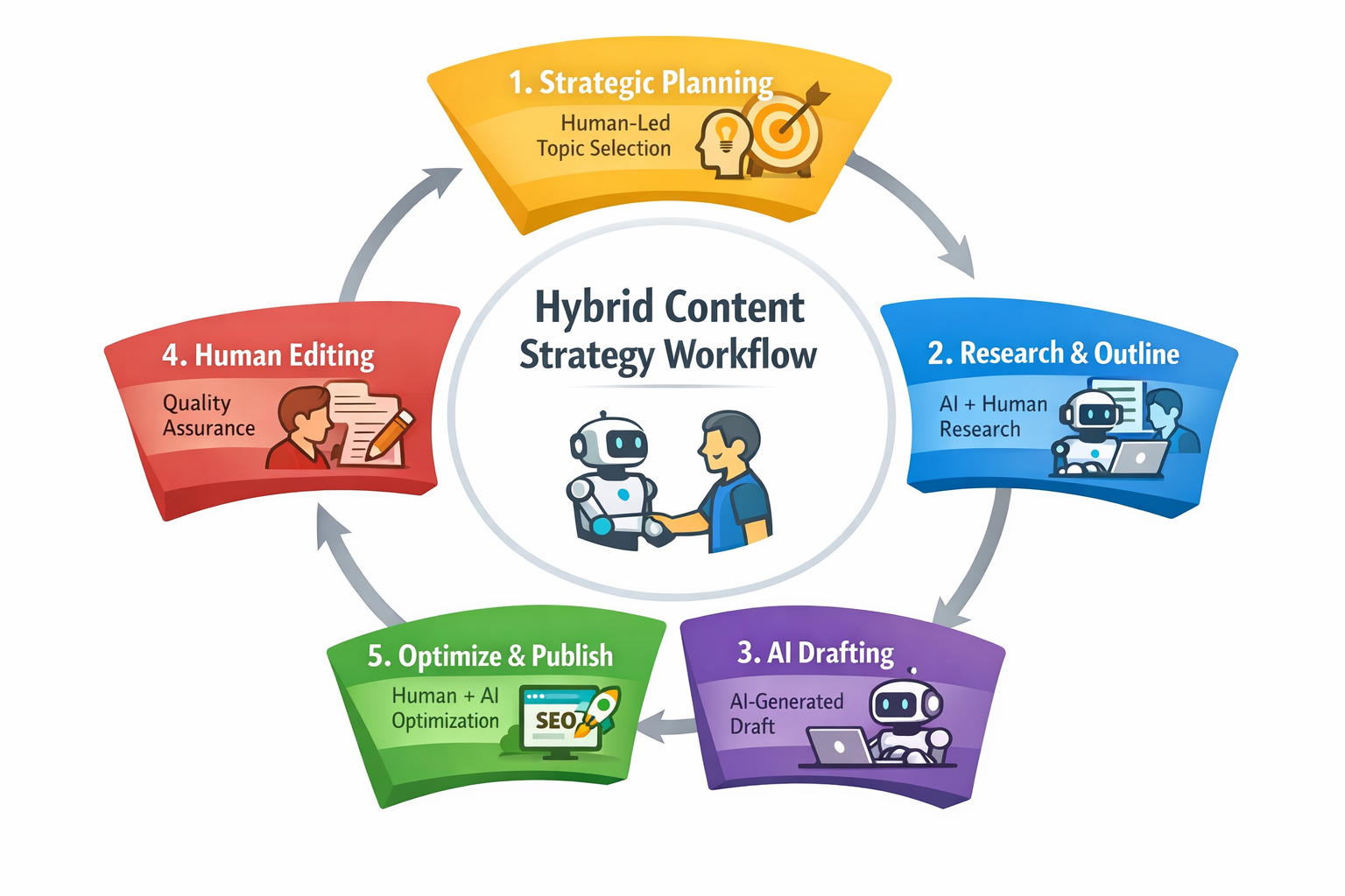 Hybrid content strategy workflow diagram illustrating five stages from strategic planning to publishing
