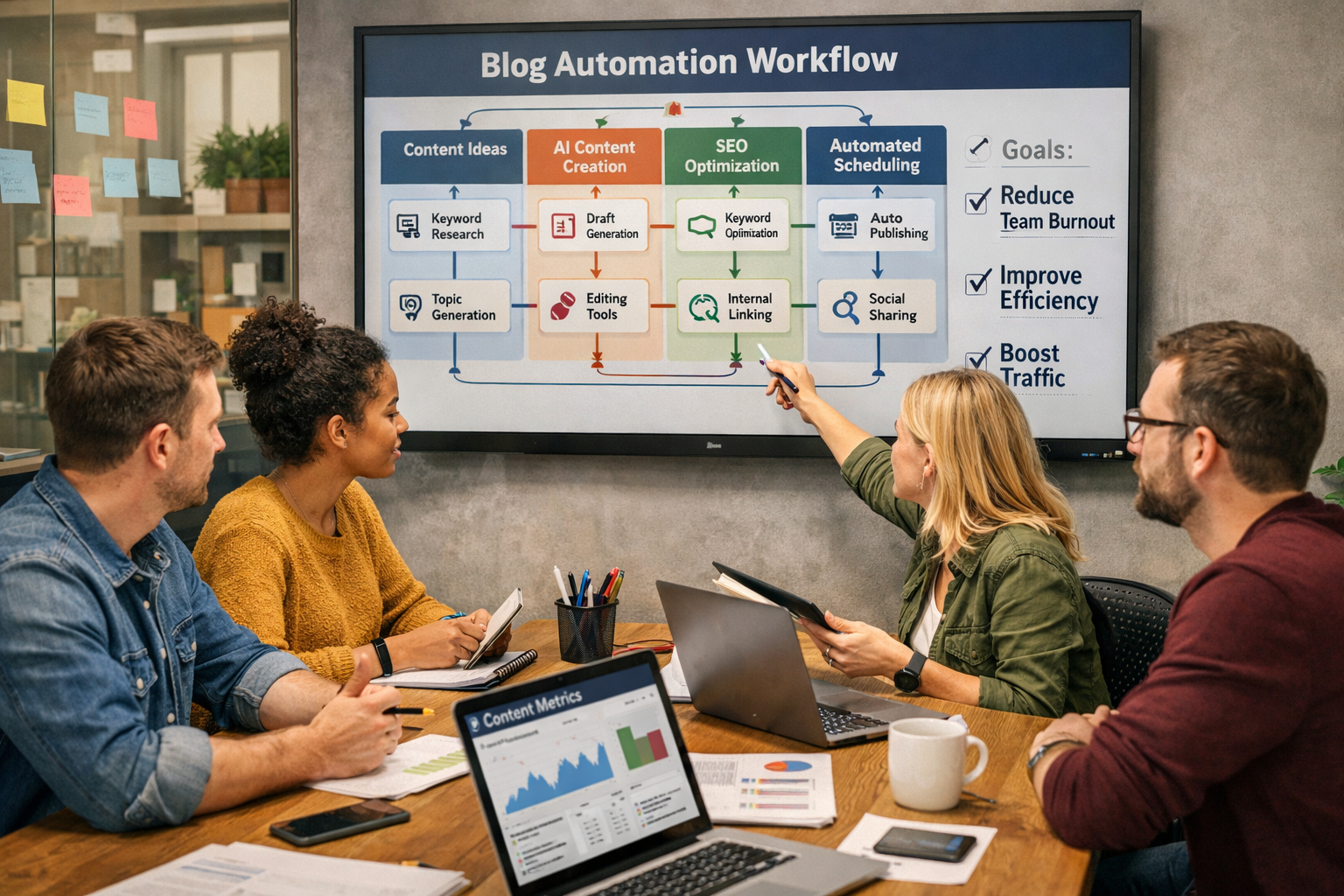 Marketing professionals reviewing blog automation workflows to reduce team burnout and improve efficiency