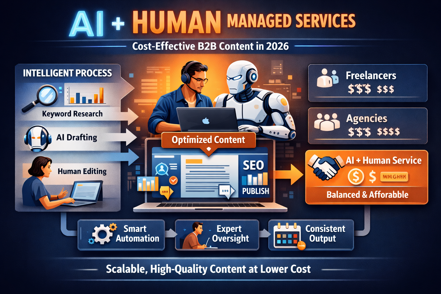 Visual explanation of how AI+human managed services deliver quality B2B content cost-effectively in 2026