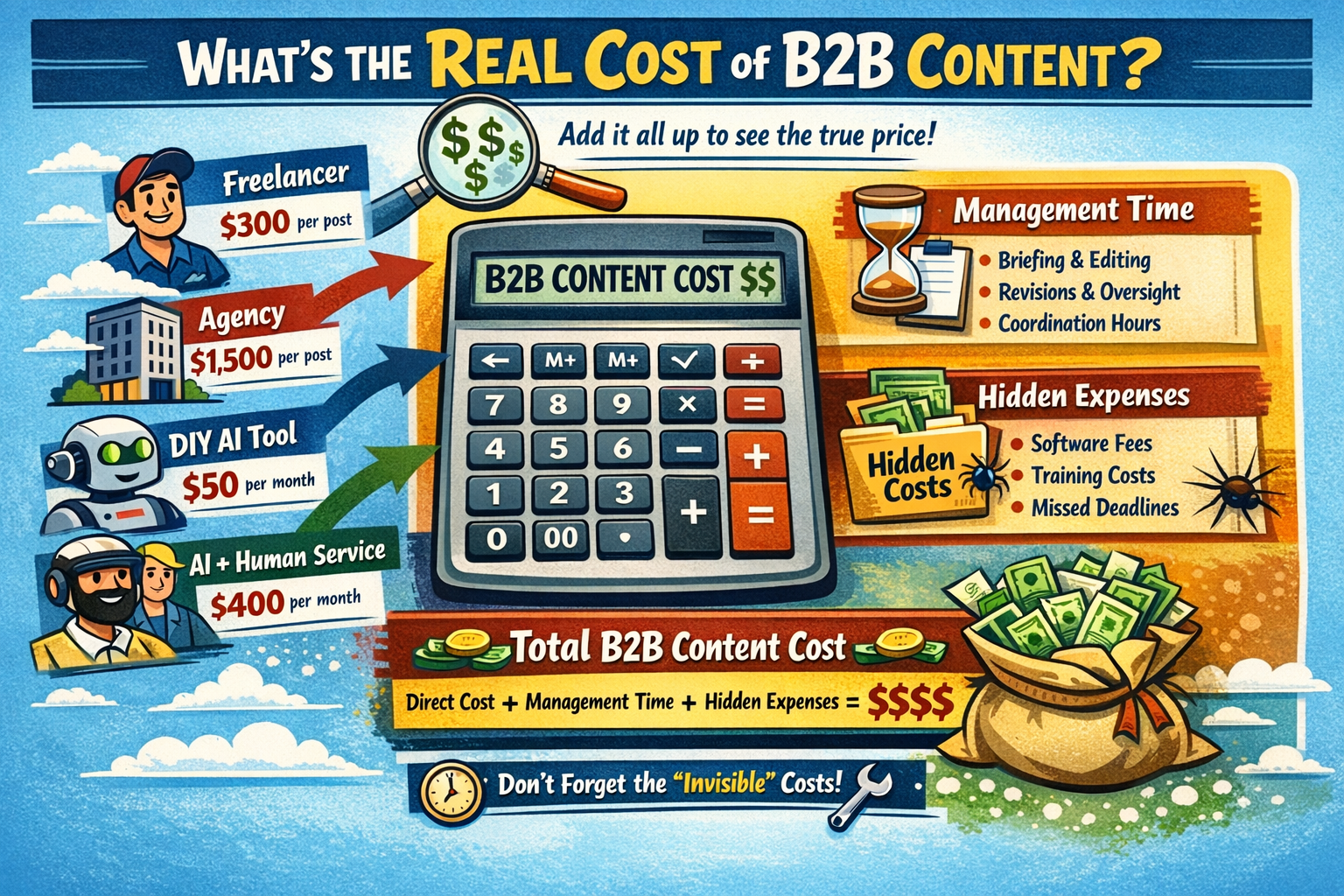 Budget worksheet showing how to calculate total B2B content cost including management time and hidden expenses