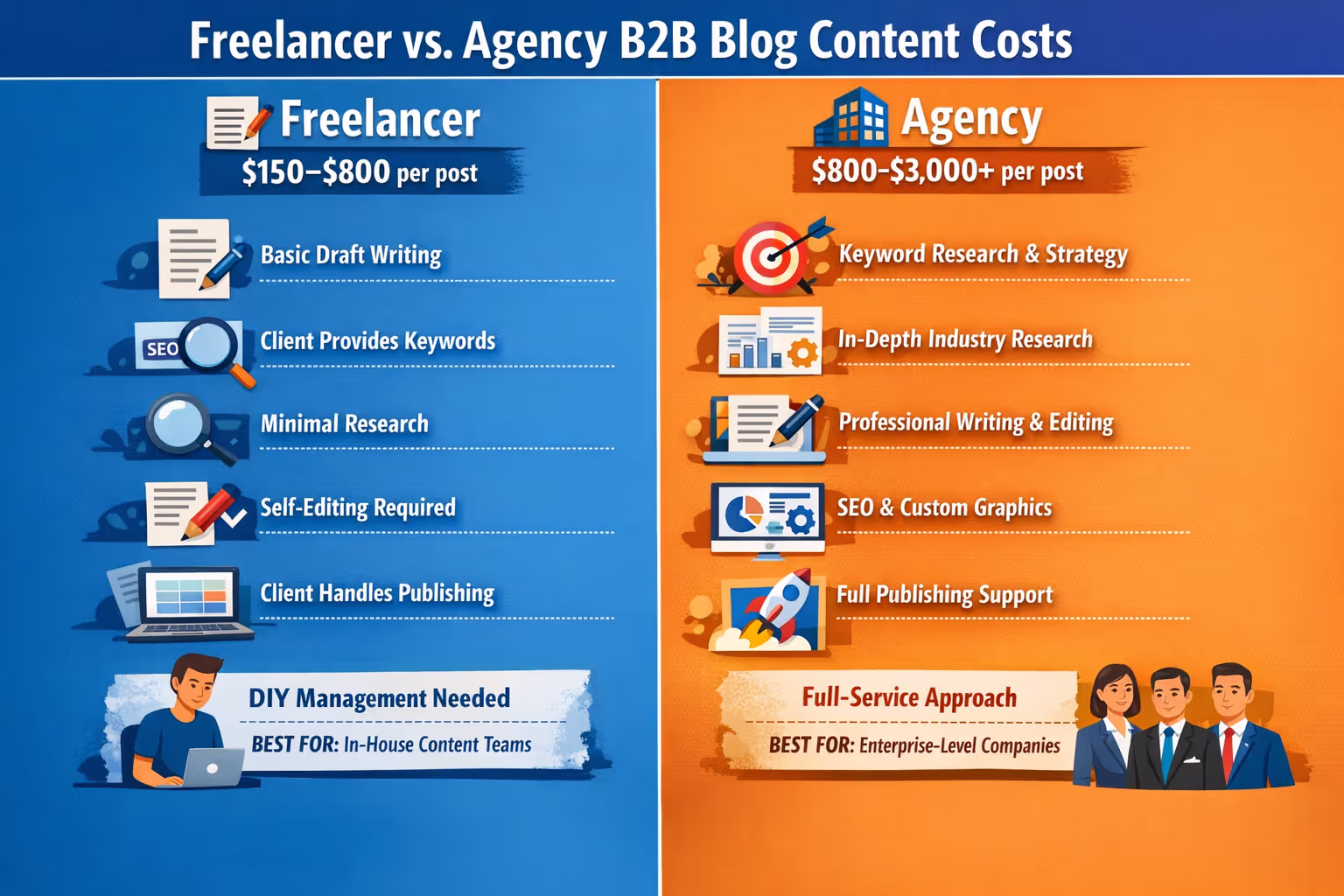Side-by-side comparison of what's included in freelancer versus agency B2B blog content cost structures